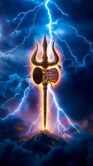 Glowing Trishul With Drum And Lightning Storm