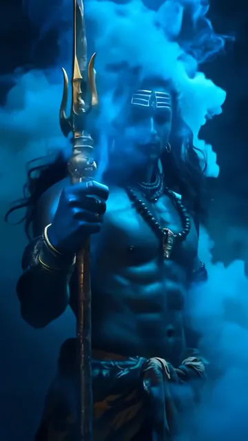 Shiva With Trishul And Blue Aura In Smoke