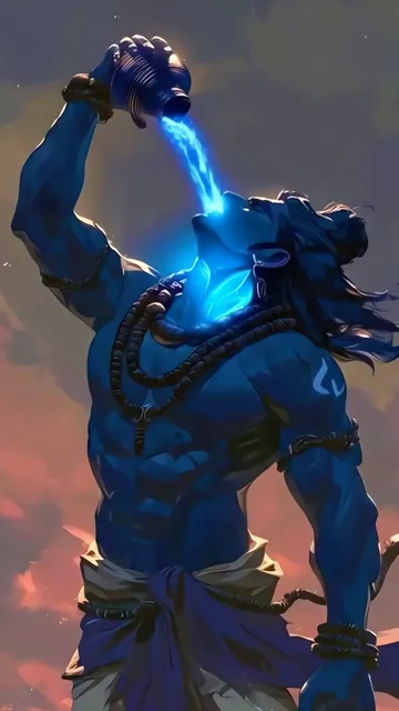 Blue Shiva Drinking Amrita With Trishul And Blue Aura