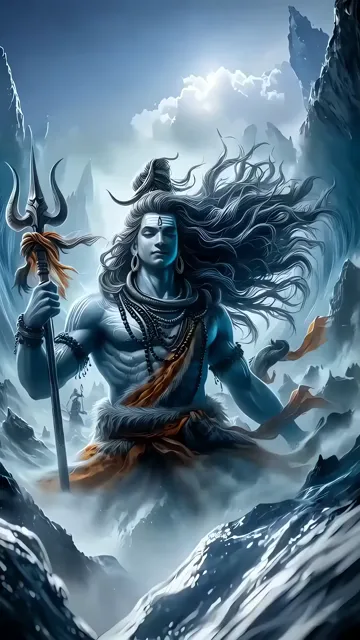 Shiva With Trishul And Blue Aura In Mountainous Peak