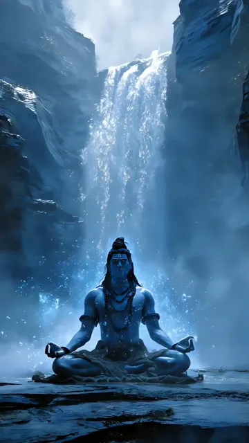 Shiva Meditation Under Waterfall With Blue Aura