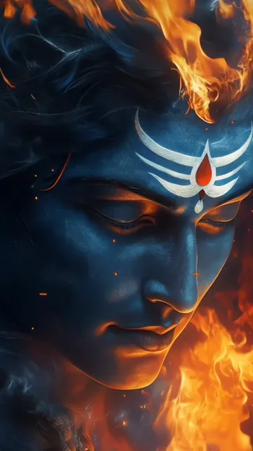 Shiva Blue Skin With Fiery Halo And Third Eye