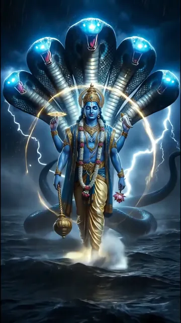 Shiva With Five-Headed Cobra And Blue Aura Standing In Ocean