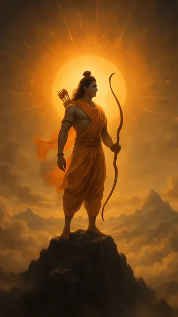 Shri Ram Standing On Mountain Peak With Bow And Arrow