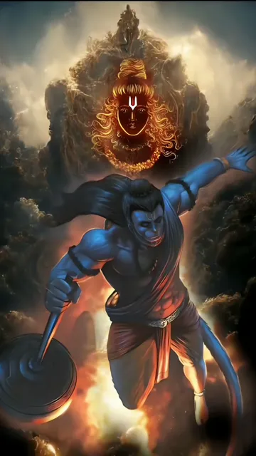 Hanuman In Blue Glow With Divine Trishul And Fire Aura