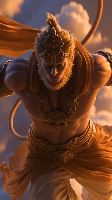 Powerful Hanuman Flying With Golden Halo And Divine Aura