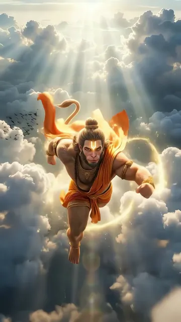 Hanuman Ji Flying Through Clouds With Divine Aura