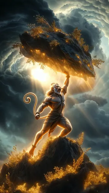 Hanuman Carrying Sanjeevini Parvath With Golden Aura