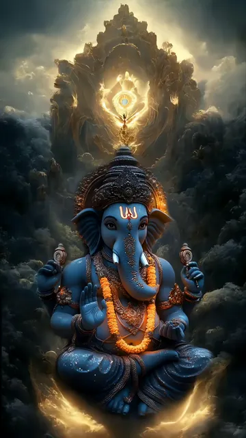 Ganesha Blue Glow Divine Throne Cosmic Scene