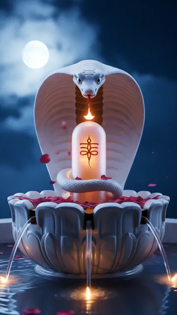 White Cobra With Sacred Symbol In Lotus Fountain Moonlight