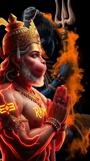 Lord Hanuman Devotional Pose With Fire And Trishul