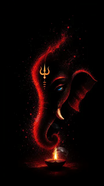 Ganesha With Red Glow And Sacred Diya