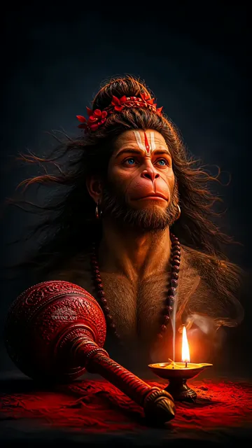 Hanuman Devotional Portrait With Gada And Diya
