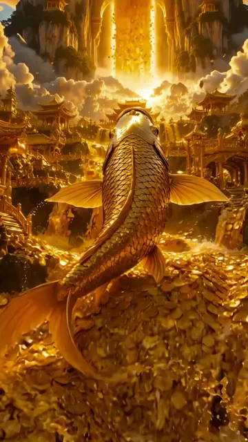 Golden Koi Fish Leaping Through Gold Coins And Temple Mountains