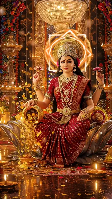 Goddess Lakshmi Wealth Blessing With Golden Coins And Lotus Throne