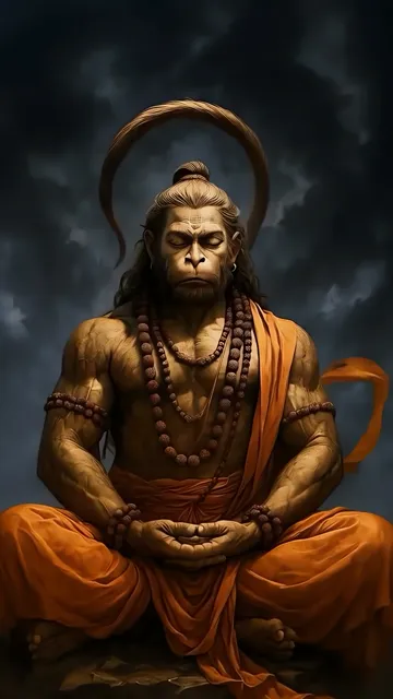 Hanuman Meditating With Divine Halo And Orange Robes