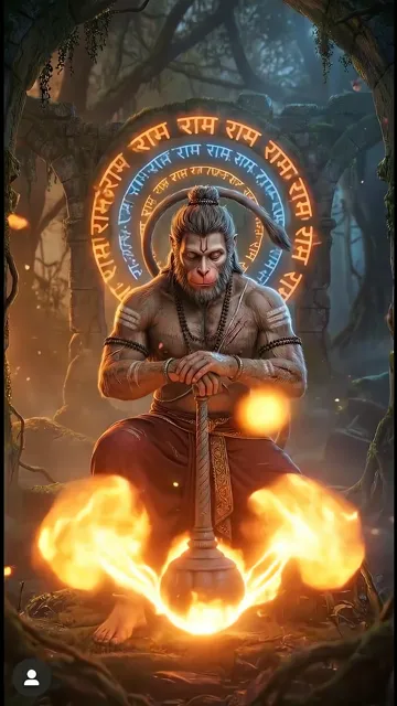 Hanuman Ji Meditating With Sacred Fire And Ram Mantra Arch