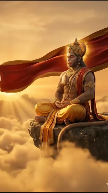 Hanuman Meditating On Cloud Peak With Golden Aura