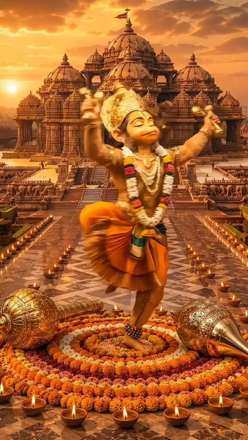 Hanuman Dancing With Mace And Lotus At Temple