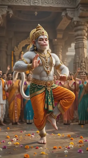 Hanuman Dancing In Temple With Devotees And Flower Petals