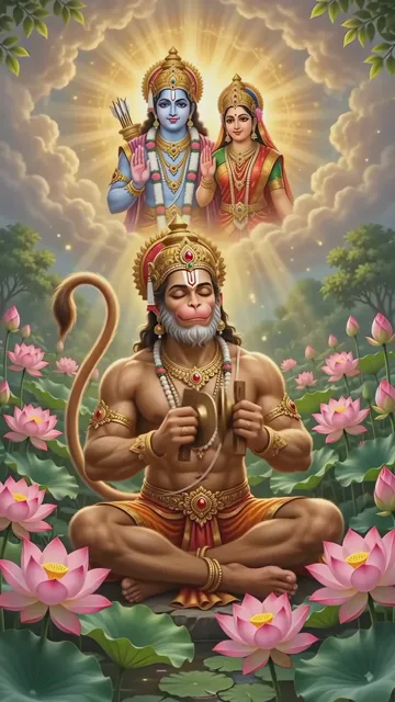 Hanuman Meditating In Lotus Pond With Radha Krishna Above