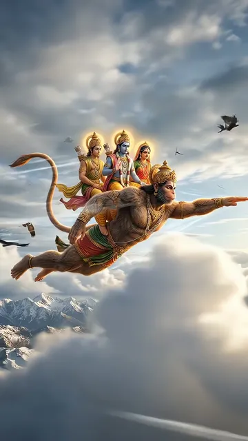 Hanuman Flying With Ram And Lakshmana Over Snowy Mountains