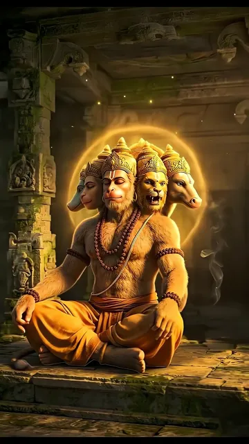 Hanuman Ji Meditating With Three Heads And Golden Aura
