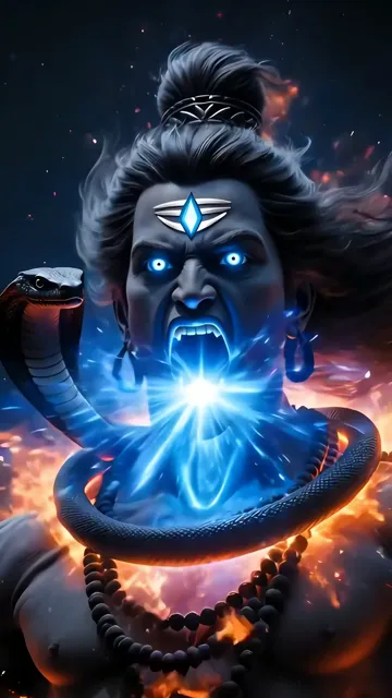 Shiva With Blue Aura And Serpent Necklace In Fiery Cosmic Scene