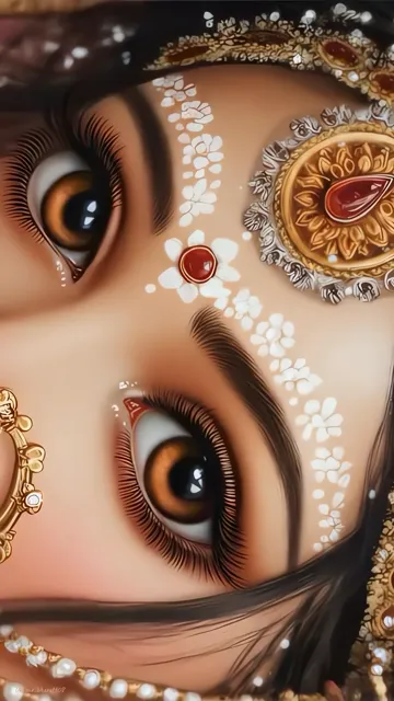 Radha Maa Divine Eyes With Pink Bindis And Golden Jewelry