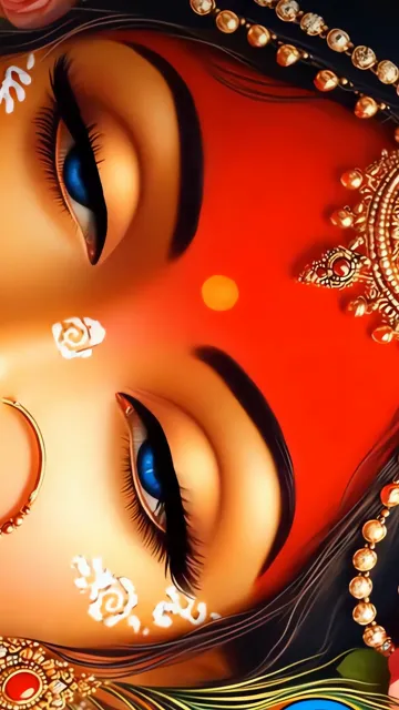 Radha Rani Divine Love With Blue Eyes And Golden Jewelry