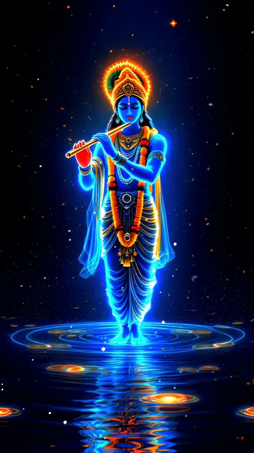 Krishna Playing Flute With Blue Glow And Starry Sky
