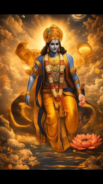 Krishna Walking On Water With Lotus And Golden Aura