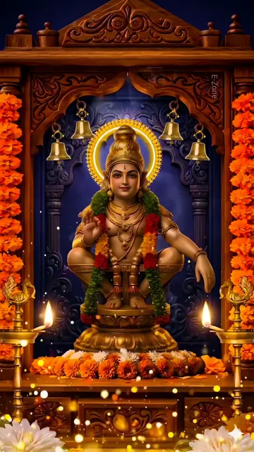 Lord Ayyappa Seated In Temple With Golden Halo And Orange Garland