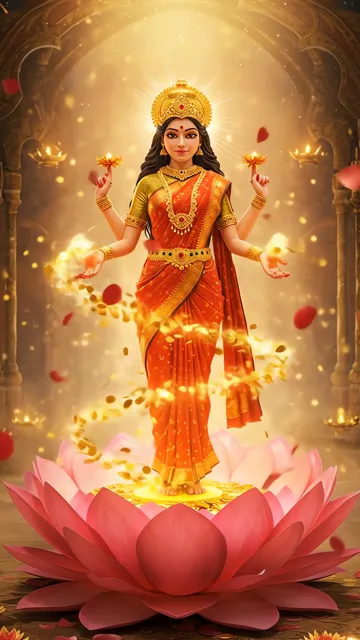 Goddess Durga Standing On Lotus With Golden Aura And Red Petals