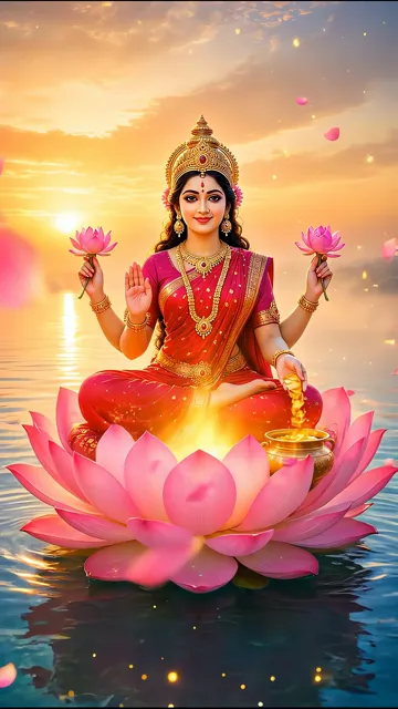 Laxmi Mata Sitting On Pink Lotus With Golden Coins And Lotus Flowers