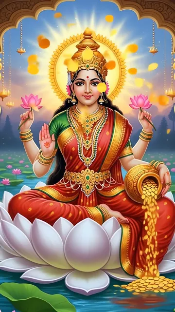 Goddess Lakshmi Wealth And Prosperity With Lotus And Gold Coins