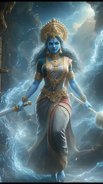 Goddess Durga With Sword And Mace Blue Aura