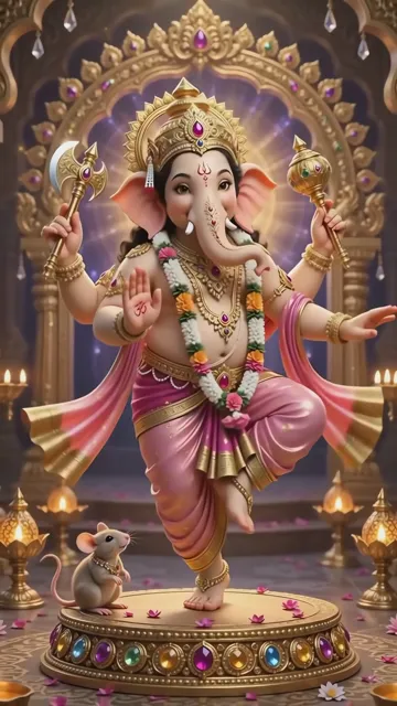 Ganesha With Mouse And Golden Temple Aura
