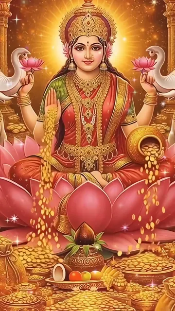 Lakshmi Devi Goddess Of Wealth With Swans And Gold Coins
