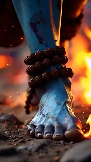 Shiva's Blue Foot With Rudraksha Mala And Fire