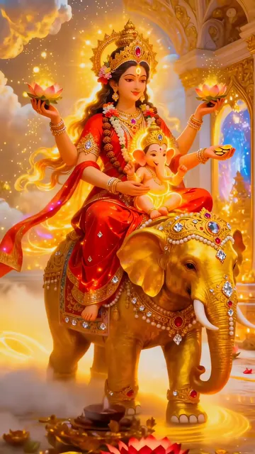 Ganesha Riding Elephant With Lotus And Golden Aura