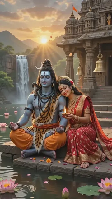 Shiva Parvati Meditation With Lotus And Temple Glow