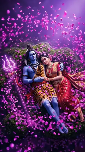 Shiva And Parvati Romantic Purple Petal Scene