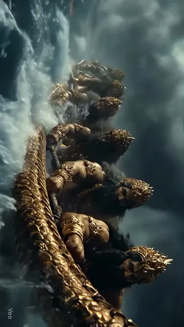 Ganesha Riding Golden Snake Through Waterfall