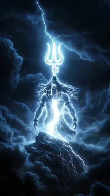 Shiva With Glowing Trishul And Lightning Storm