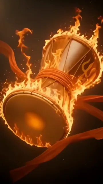 Flaming Damru With Trishul And Orange Glow