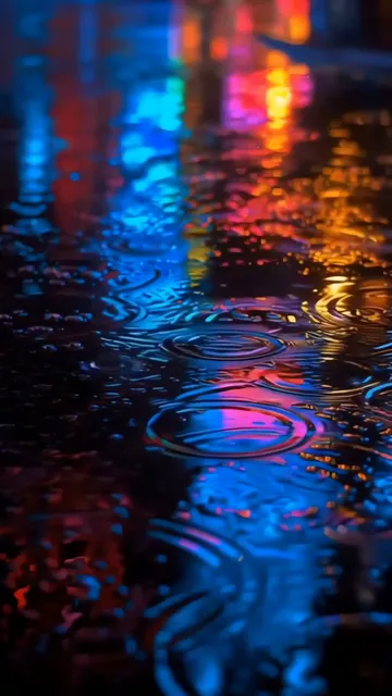 Raindrops Reflecting Neon Lights On Wet Pavement