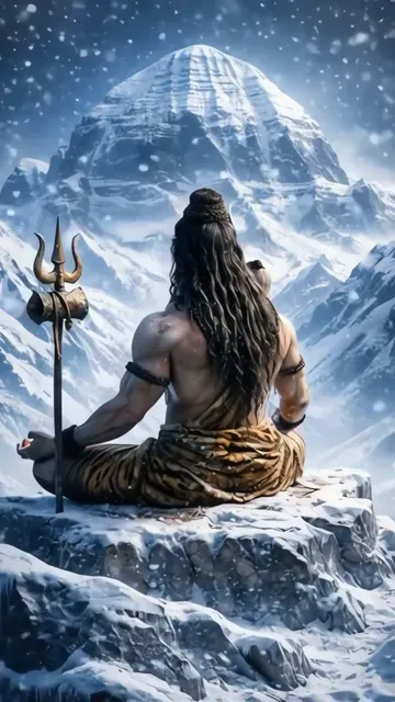 Shiva In Dhyan Mudra With Trishul And Snowy Mountain