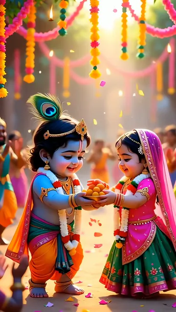 Bal Krishna And Radha Playful Childhood Scene