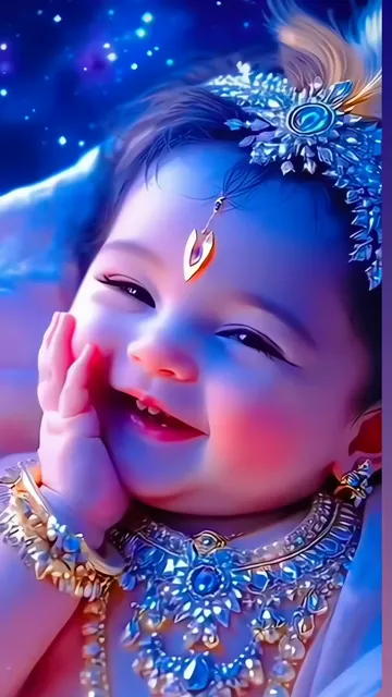 Baby Krishna With Blue Crown And Golden Jewelry